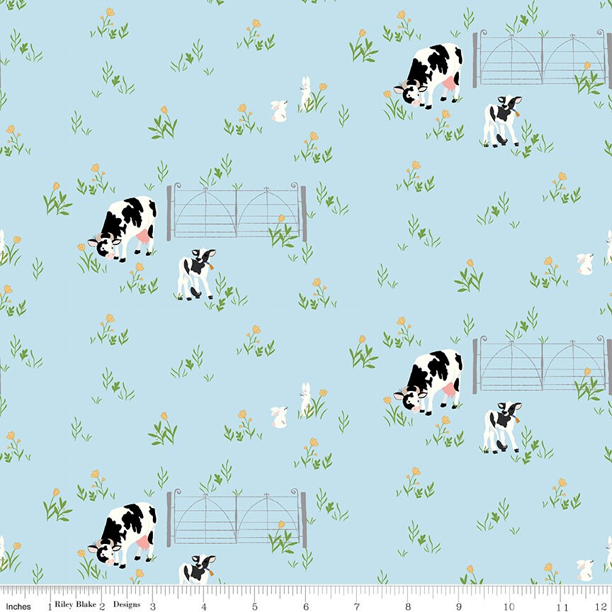 Tulip Cottage Cows & Bunnies Sky C14262 by Melissa Mortenson for Riley Blake Designs - Sold in 1/2 Yard increments, continuous cut