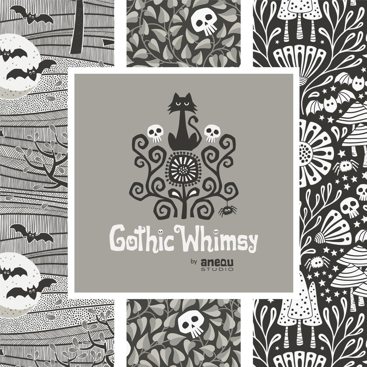 Gothic Whimsy Halloween Fabric by Cloud 9 Fabrics - The Black Cat 227989 - sold in 1/2 yard increments, continuously cut