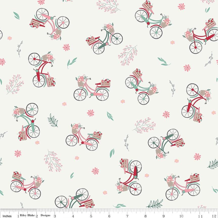Berry Market Bicycles Cotton Quilting Fabric by Bev McCullough / Riley Blake - Sold by the 1/2 yard, continuously cut. C15741- Sand Dollar