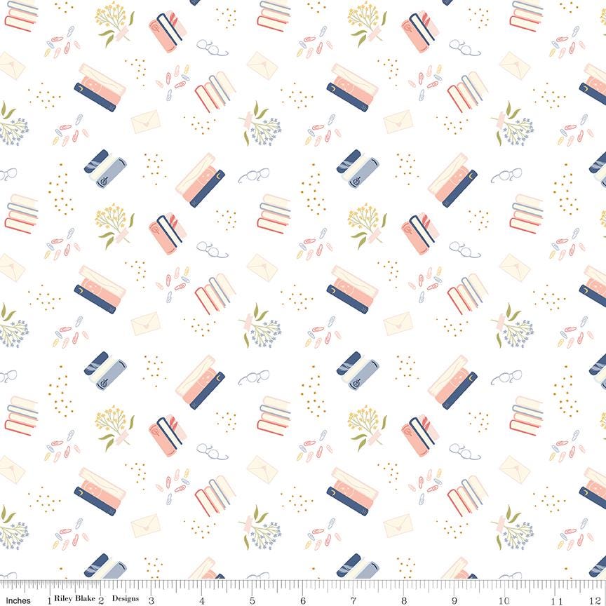 Between the Pages Bookish Life White or Pink by Cotton & Joy / Riley Blake Designs - Sold in 1/2 yard increments, continuous cut C15371