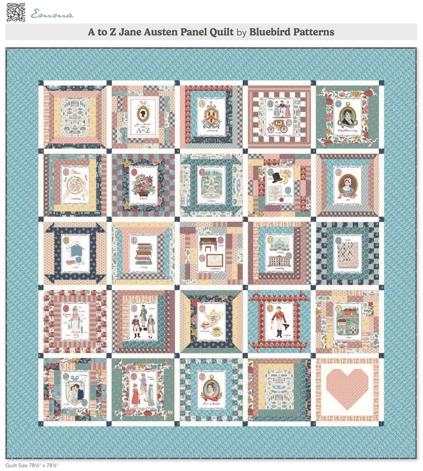 Jane Austen Story Book Quilt Panel – 250th Anniversary Soft Book Fabric, 22 Blocks on Premium Cotton, Cut & Sew Panel by the Yard PD16547