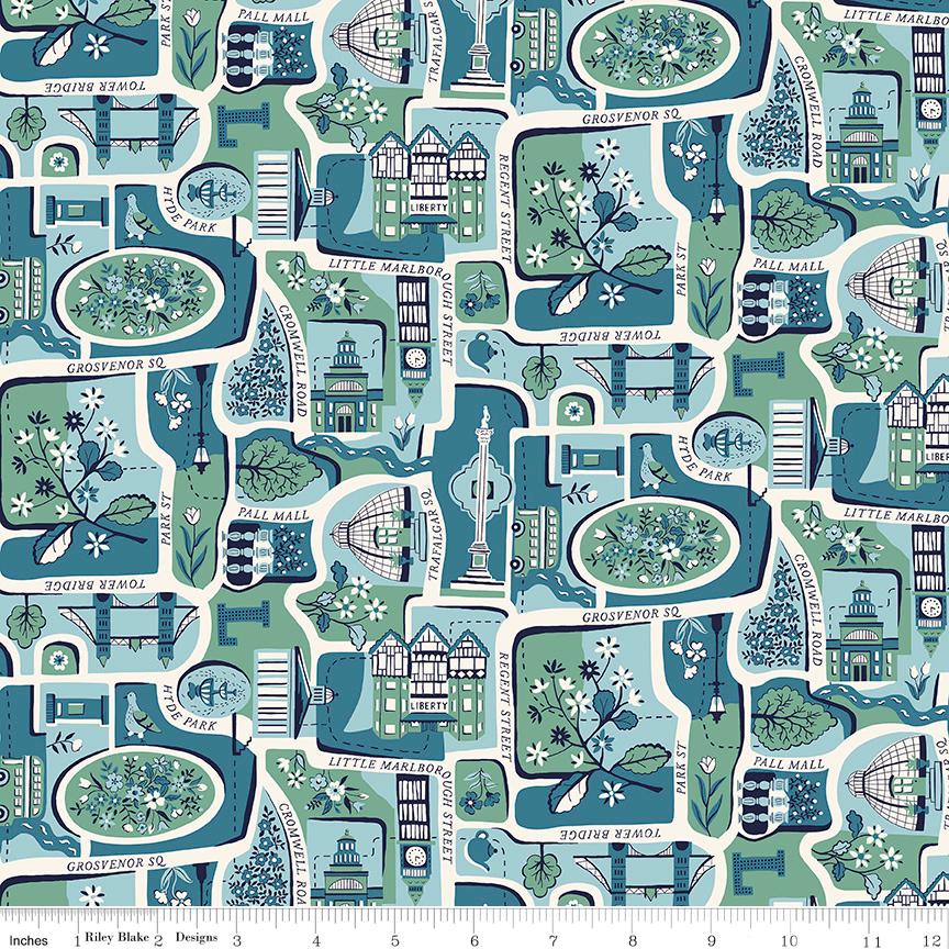 Liberty London Charming City Map Premium Quilting Fabric in blue and green by Riley Blake Designs sold by the 1/2 yard, continuously cut