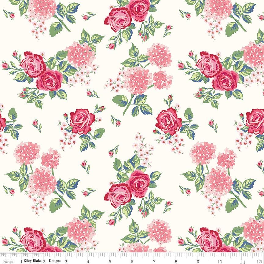 Bluegrass Charm Hydrangea Floral Cotton Quilting Fabric by Melissa Mortenson for Riley Blake - Sold by 1/2 Yard, continuously cut.