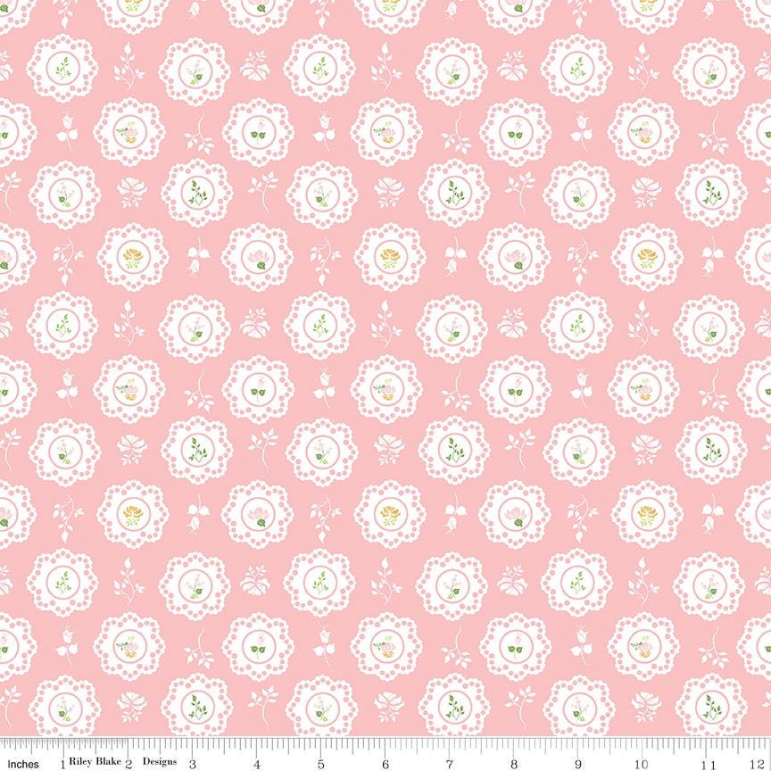 Summer Skies and Fireflies Doilies Pink 100% Cotton Quilting Fabric by Gracie Larson for Riley Blake- sold by the 1/2 Yard C-16371 Pink