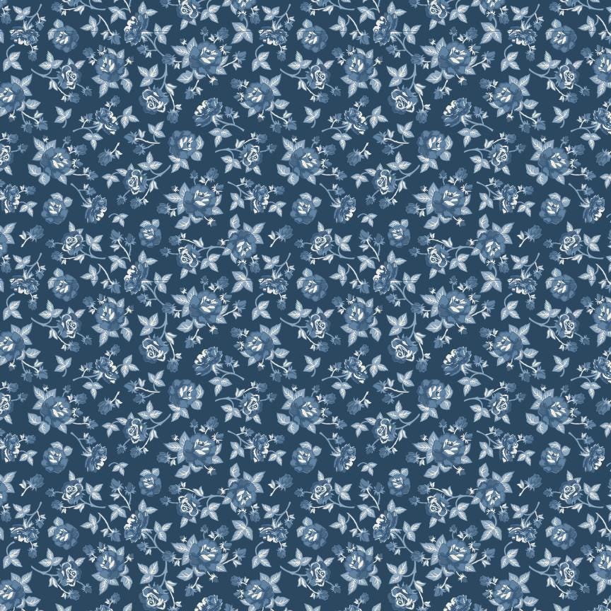 Poppie Cotton Lakeland Blues Elegant Rose Dark 100% Cotton Quilting Fabric- Sold in 1/2 yard increments, continuously cut. LB25802