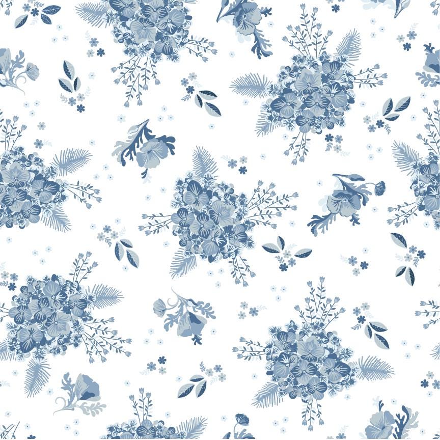Poppie Cotton Lakeland Blues Hydrangeas Light 100% Cotton Quilting Fabric- Sold in 1/2 yard increments, continuously cut. LB25813