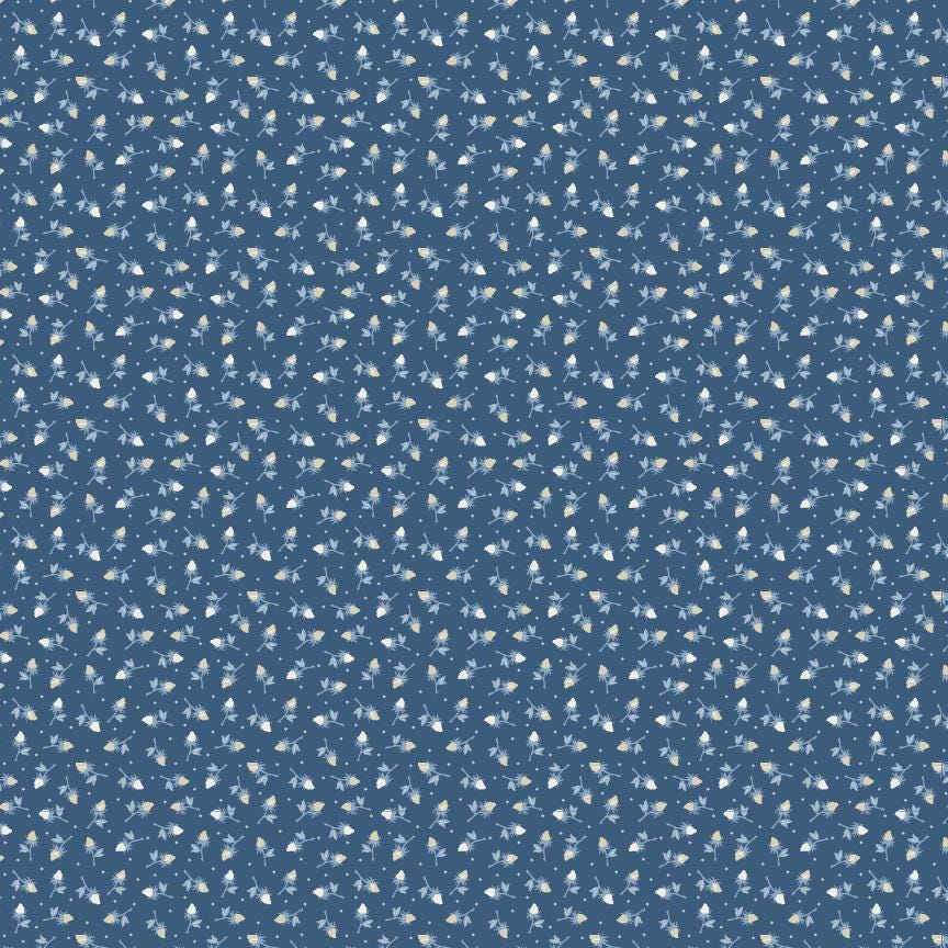 Poppie Cotton Lakeland Blues Rosebud Toss Dark 100% Cotton Quilting Fabric- Sold in 1/2 yard increments, continuously cut. LB25817
