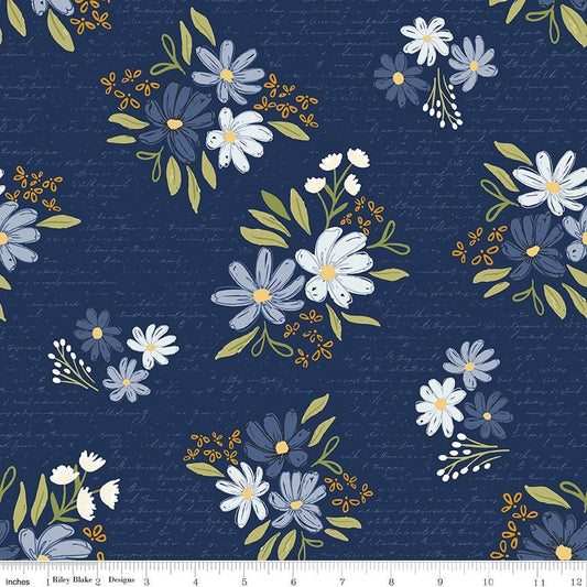 Between the Pages Main Navy 100% Cotton Quilting Fabric - by Cotton & Joy/Riley Blake Designs - Sold in 1/2 yard increments, continuous cut