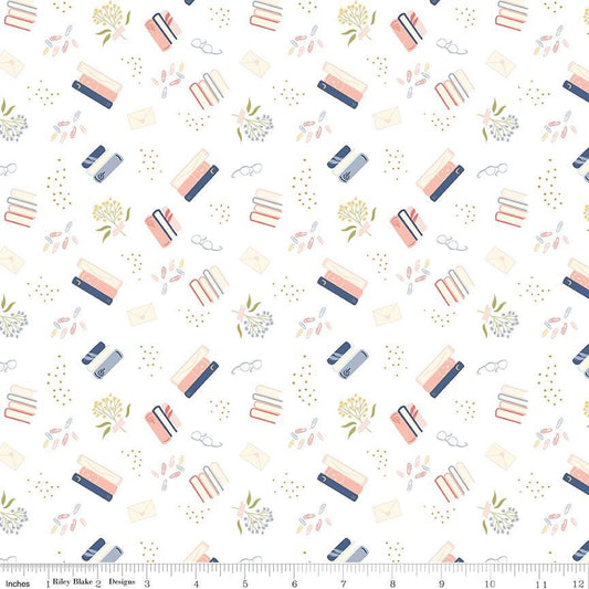 Between the Pages Bookish Life White or Pink by Cotton & Joy / Riley Blake Designs - Sold in 1/2 yard increments, continuous cut  C15371