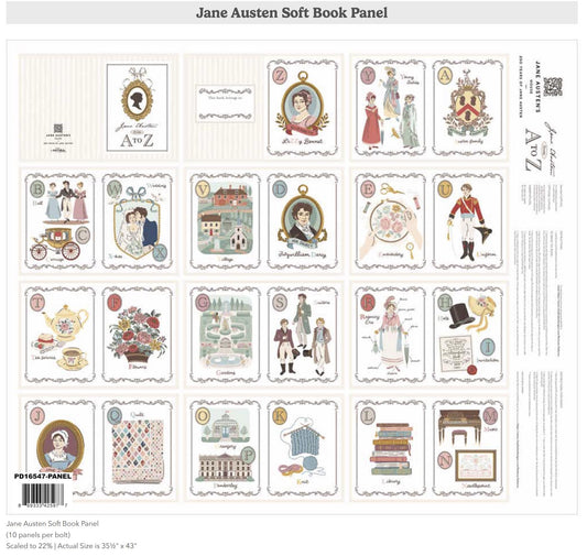 Jane Austen Story Book Quilt Panel – 250th Anniversary Soft Book Fabric, 22 Blocks on Premium Cotton, Cut & Sew Panel by the Yard PD16547