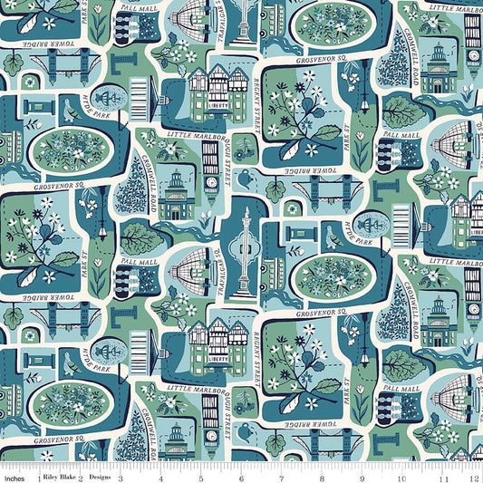 Liberty London Charming City Map Premium Quilting Fabric in blue and green by Riley Blake Designs sold by the 1/2 yard, continuously cut