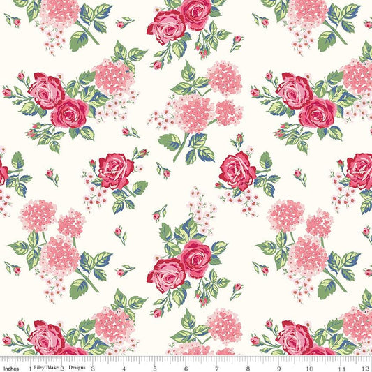 Bluegrass Charm Hydrangea Floral Cotton Quilting Fabric by Melissa Mortenson for Riley Blake - Sold by 1/2 Yard, continuously cut.