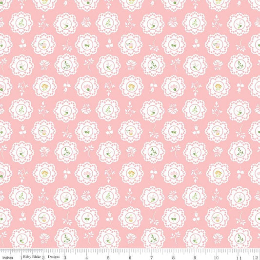 Summer Skies and Fireflies Doilies Pink 100% Cotton Quilting Fabric by Gracie Larson for Riley Blake- sold by the 1/2 Yard C-16371 Pink