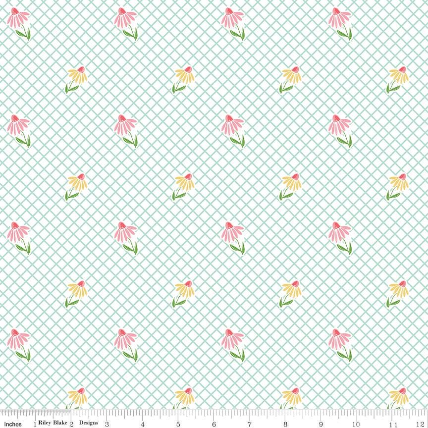 Summer Skies and Fireflies Cone Flowers 100% Cotton Quilting Fabric by Gracie Larson for Riley Blake- sold by the 1/2 Yard C-16372 White
