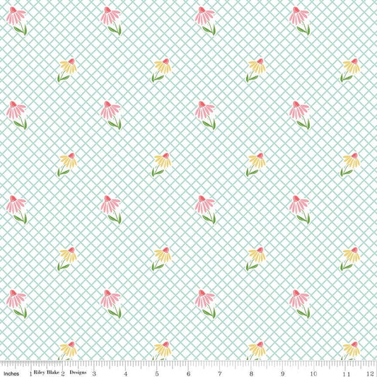 Summer Skies and Fireflies Cone Flowers 100% Cotton Quilting Fabric by Gracie Larson for Riley Blake- sold by the 1/2 Yard C-16372 White