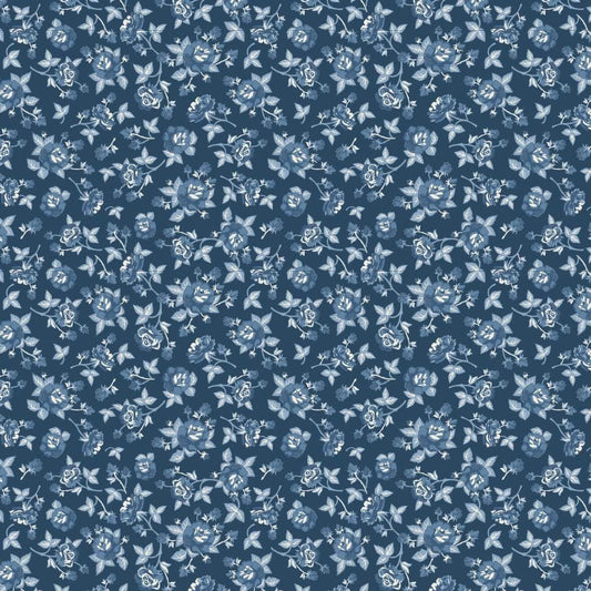 Poppie Cotton Lakeland Blues Elegant Rose Dark 100% Cotton Quilting Fabric- Sold in 1/2 yard increments, continuously cut. LB25802