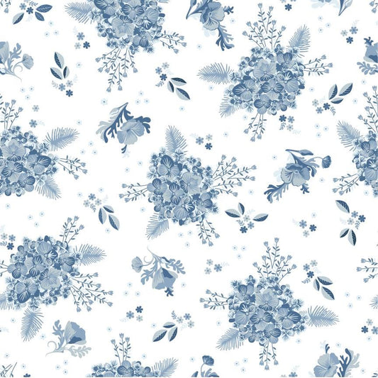 Poppie Cotton Lakeland Blues Hydrangeas Light 100% Cotton Quilting Fabric- Sold in 1/2 yard increments, continuously cut. LB25813